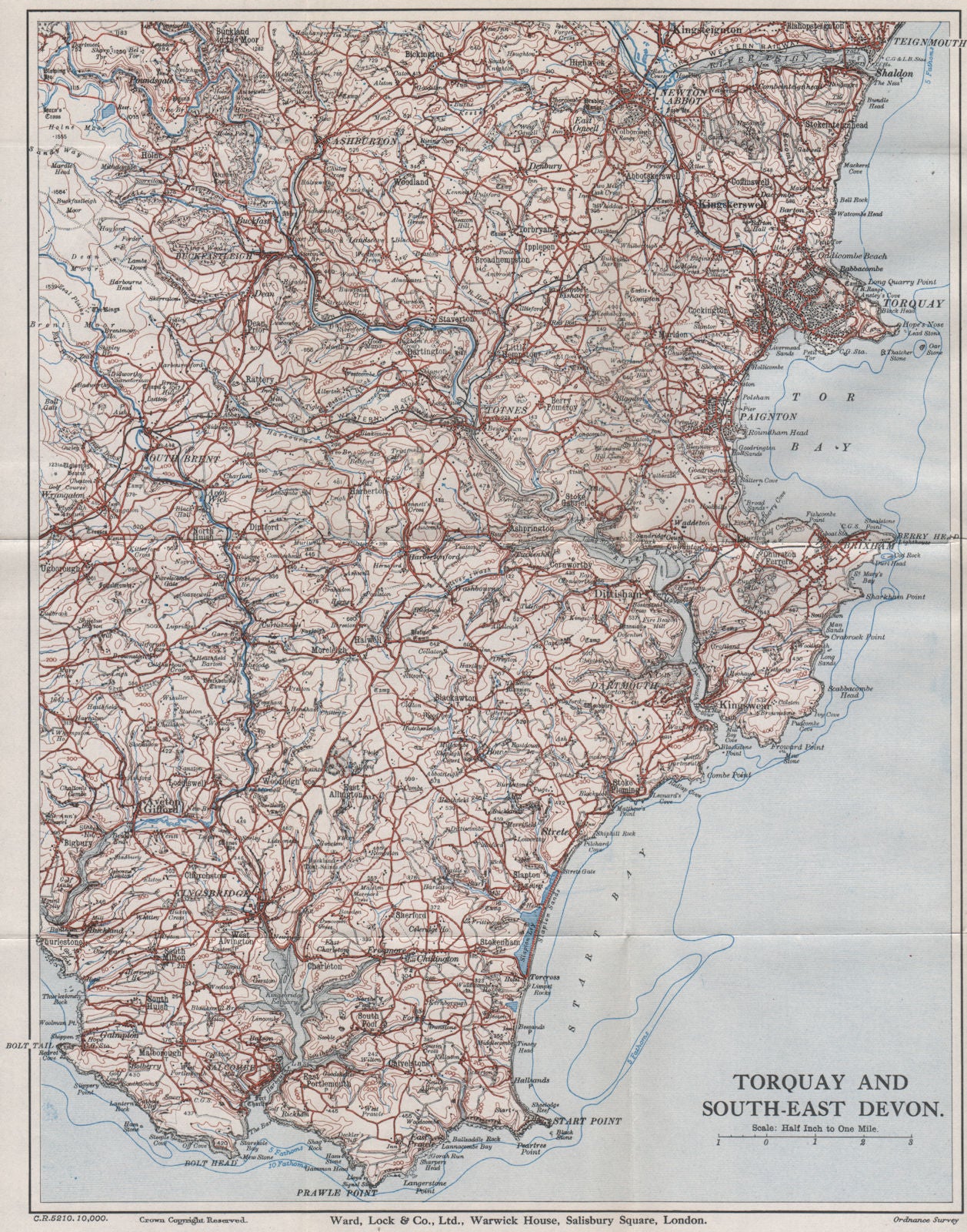 SOUTH HAMS & TORBAY Paignton Brixham Totnes Salcombe Kingsbridge. Devon 1936 map